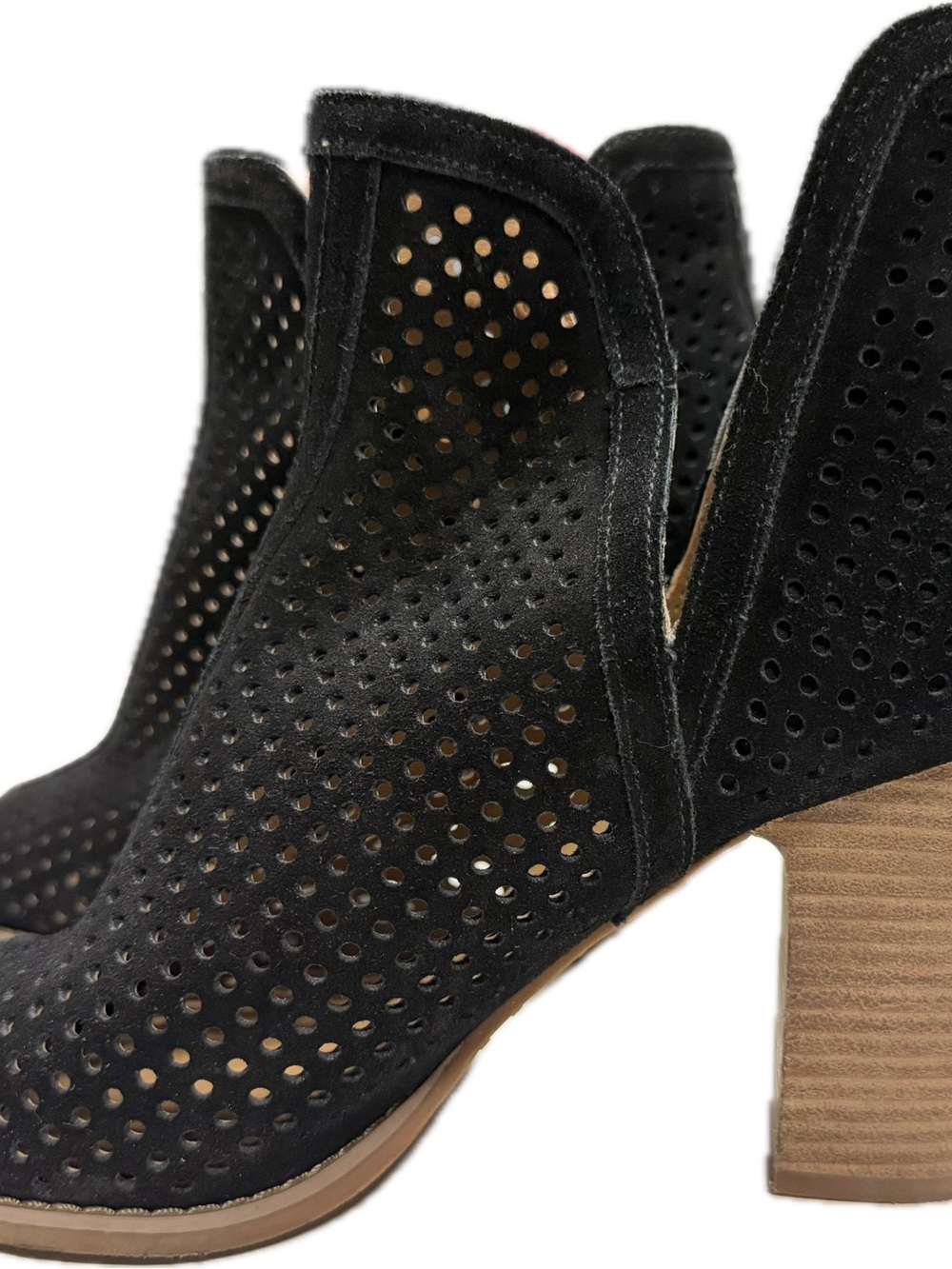 Lucky Brand Black Perforated Suede Cutout Block Heel Booties